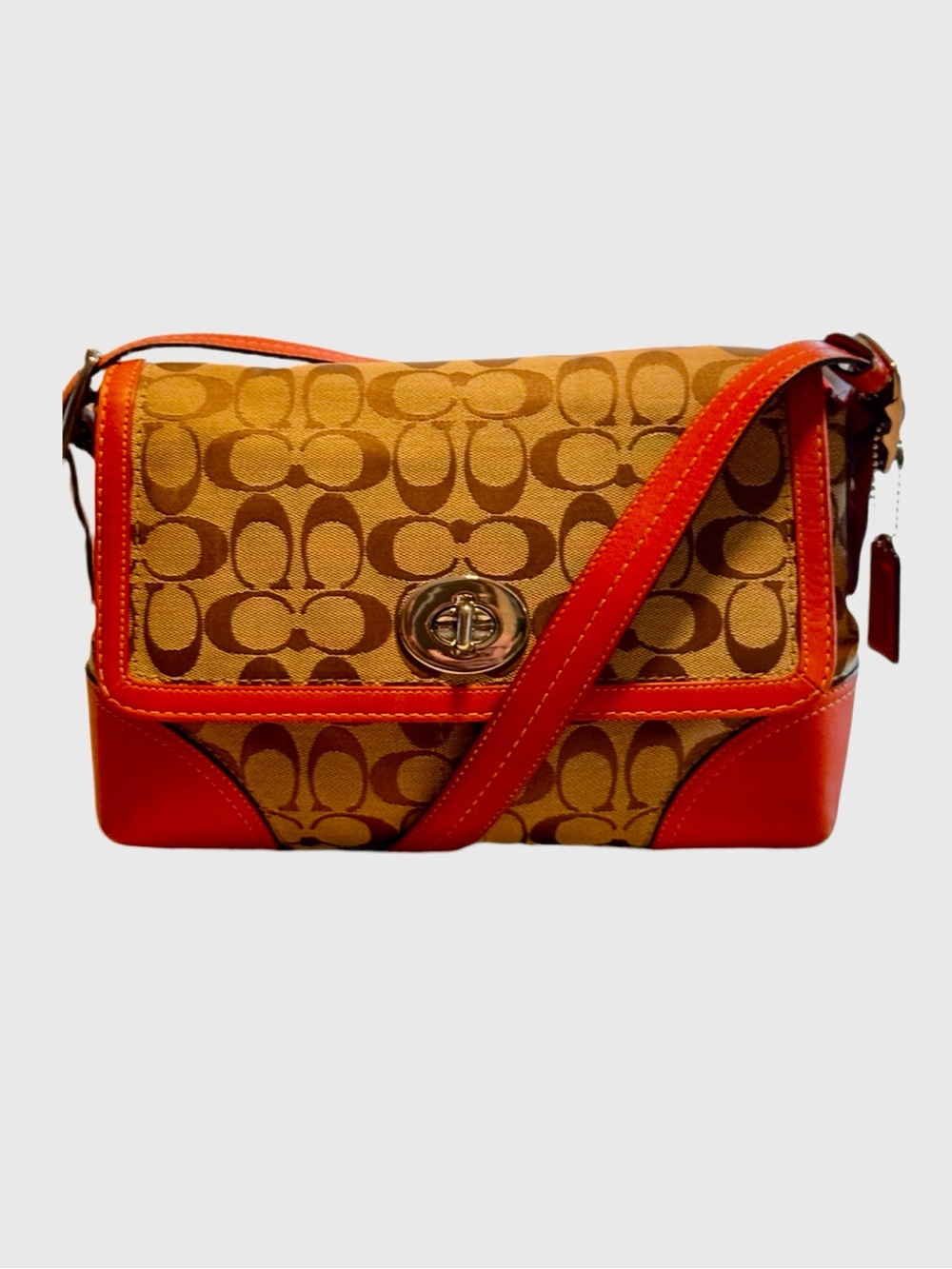 Coach Hampton Signature Canvas & Orange Leather Flap Bag | Style F13066